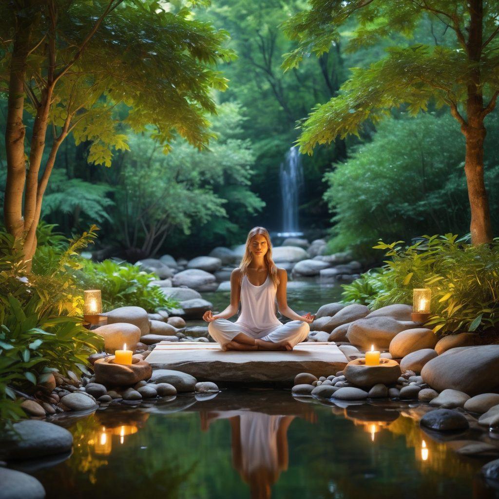 A serene landscape depicting a tranquil meditation space, surrounded by lush greenery and gentle flowing water. Include elements of mindfulness, such as candles, crystal healing stones, and a person meditating in the foreground, radiating positive energy. Soft, warm lighting enhances the calming atmosphere, inviting viewers to embrace wellness. vibrant colors. peaceful composition.
