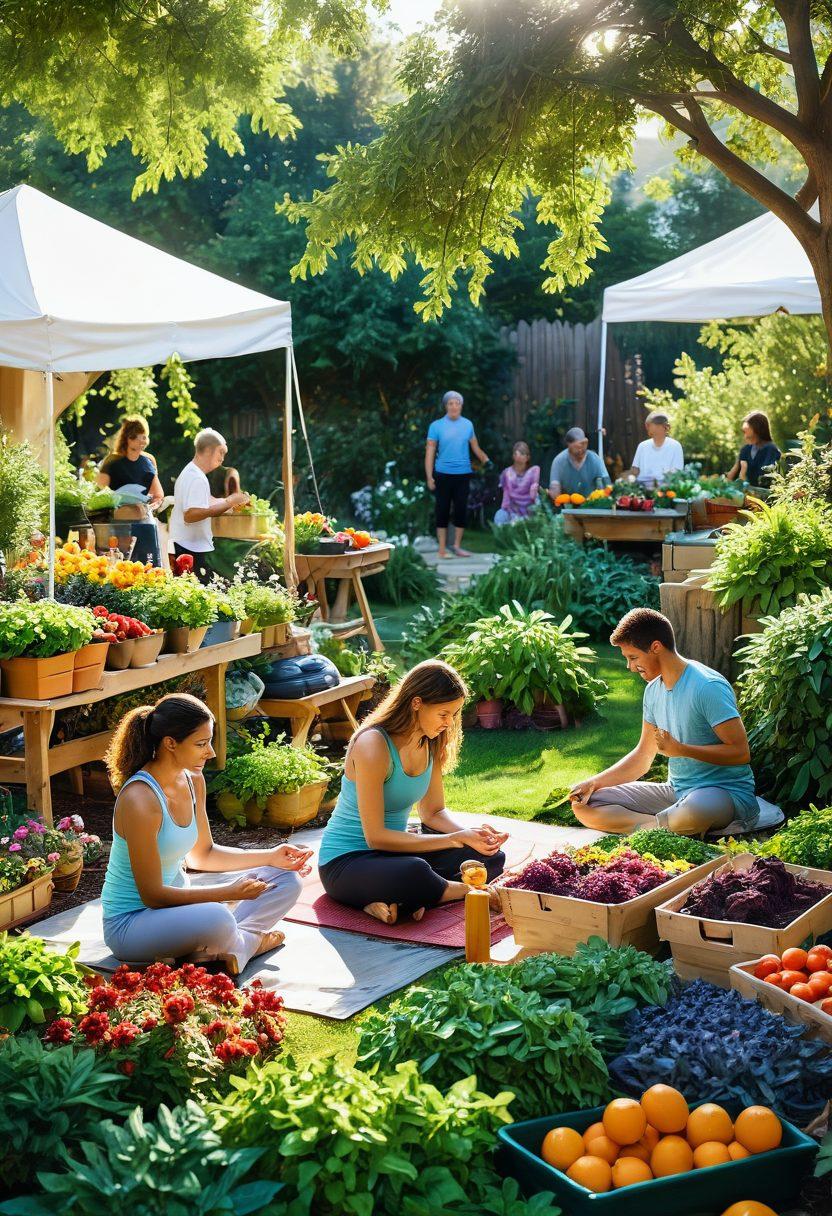 A serene outdoor scene featuring a diverse group of people engaging in eco-friendly activities like gardening and yoga, surrounded by lush greenery and organic produce. Include elements like a farmer's market backdrop with colorful fruits and vegetables, and symbols of sustainability like compost bins and solar panels. Soft sunlight filtering through leaves, creating a warm and inviting atmosphere. Illustrate a sense of community and well-being. vibrant colors. super-realistic.