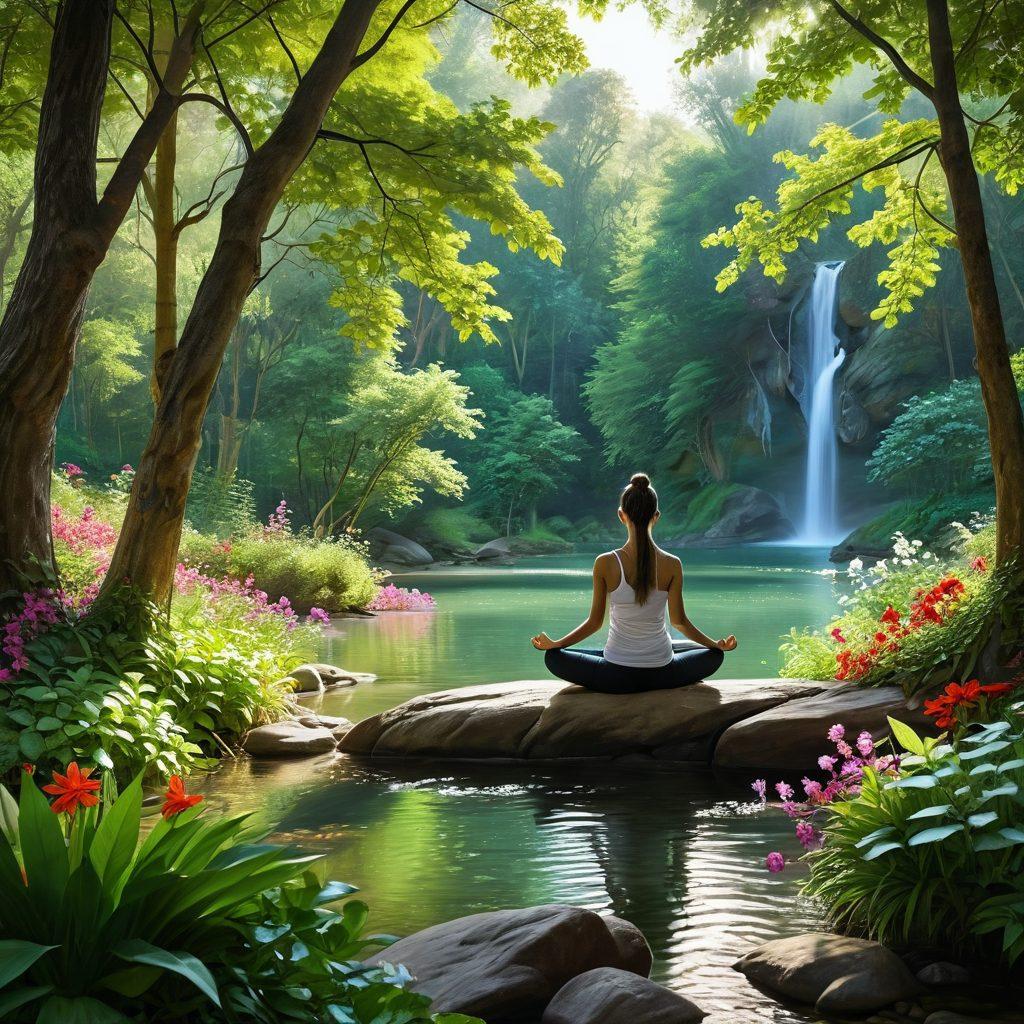 A serene landscape featuring a lush green forest with a flowing river, symbolizing purity and tranquility. In the foreground, a meditative figure practicing yoga amidst vibrant flowers and fresh fruits, representing holistic living. Soft sunlight filtering through the leaves, creating a warm, inviting atmosphere. Emphasize the harmony between nature, health, and spirituality. super-realistic. vibrant colors. peaceful ambiance.